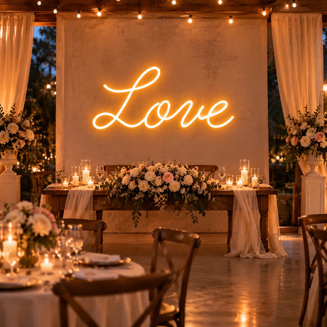 Love neon sign above a wedding head table