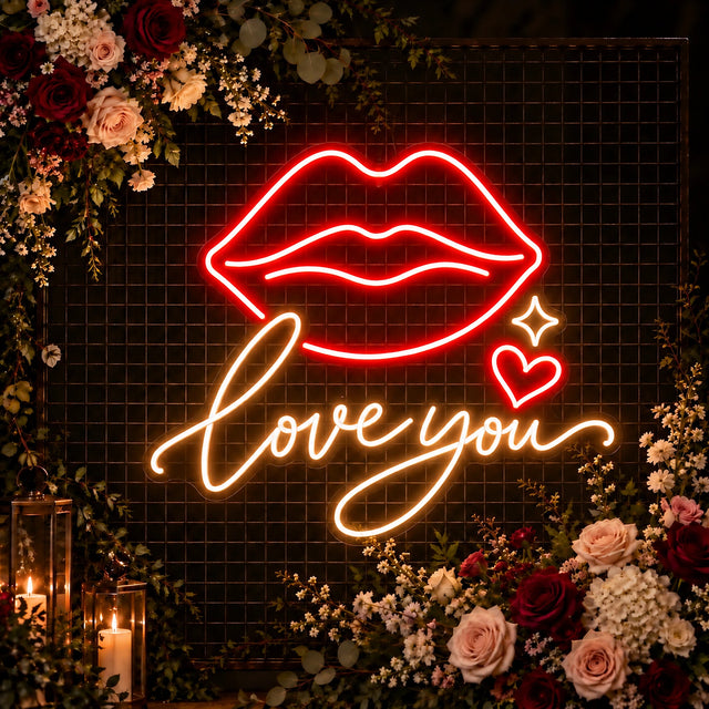 Red lips Love You neon sign with heart accent