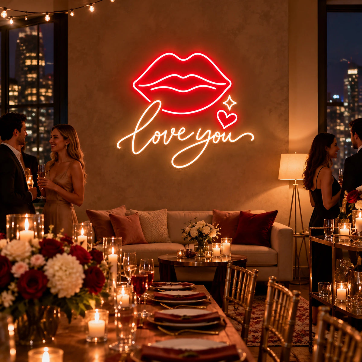 Love You lips neon sign at a romantic reception party
