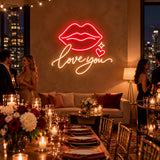 Love You lips neon sign at a romantic reception party