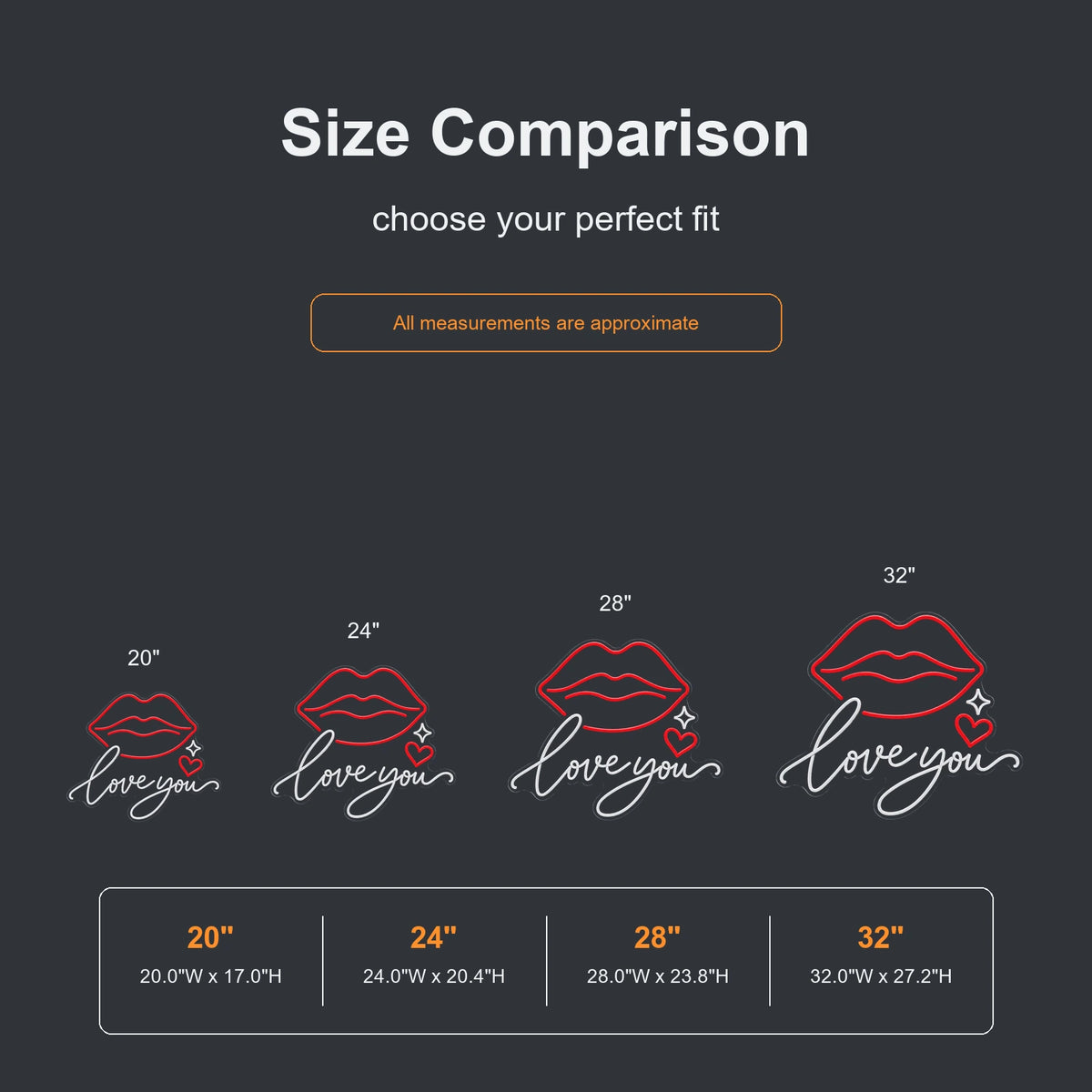 Love You lips neon sign size comparison from 20 to 32 inches