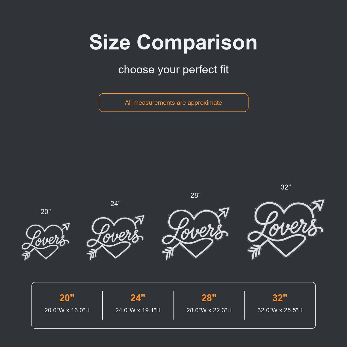 Lovers heart arrow neon sign size comparison from 20 to 32 inches