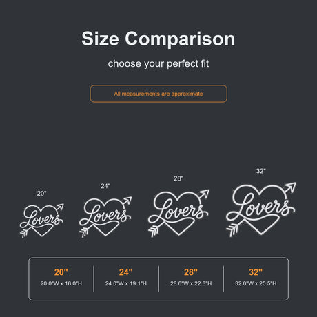Lovers heart arrow neon sign size comparison from 20 to 32 inches