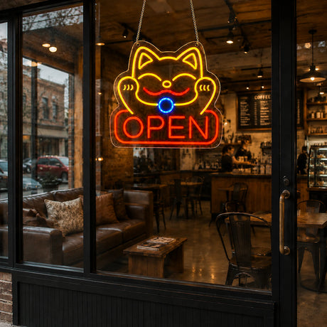 Maneki neko LED open neon sign glowing above a sushi bar counter