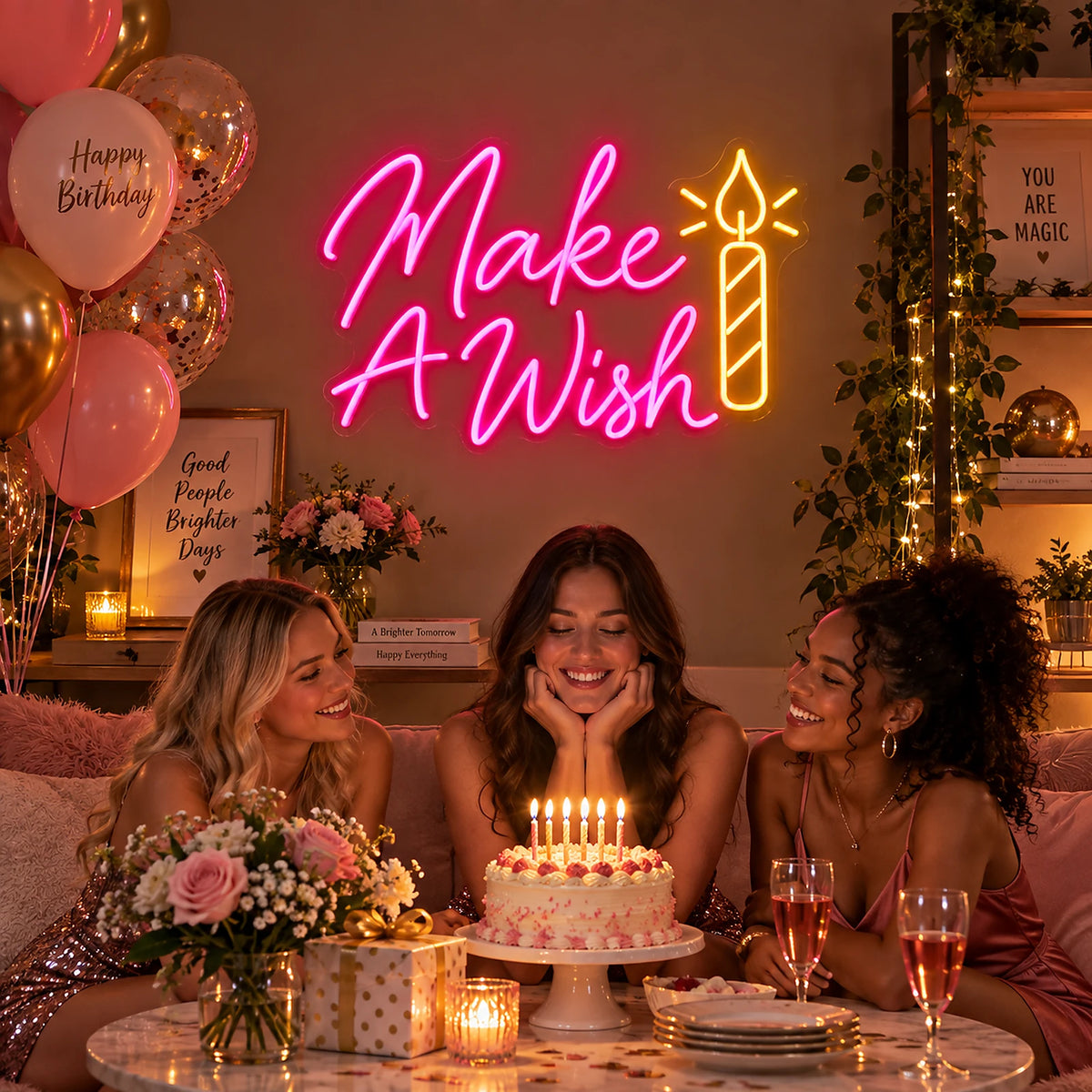 Make A Wish candle neon sign at a birthday