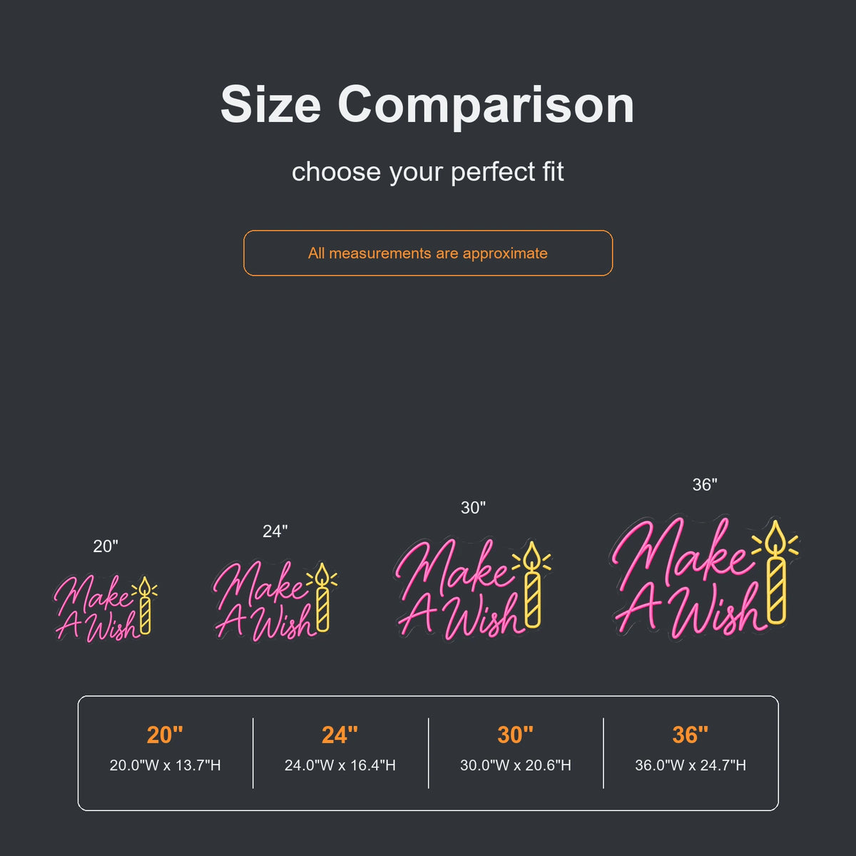 Make A Wish candle neon sign size comparison from 20 to 36 inches