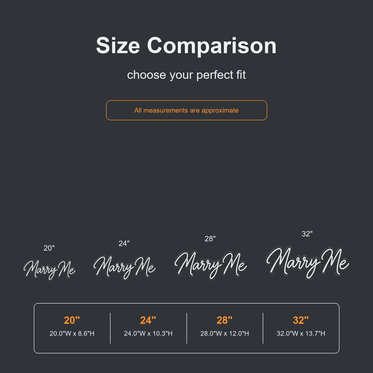 Marry Me neon sign size comparison from 20 to 32 inches