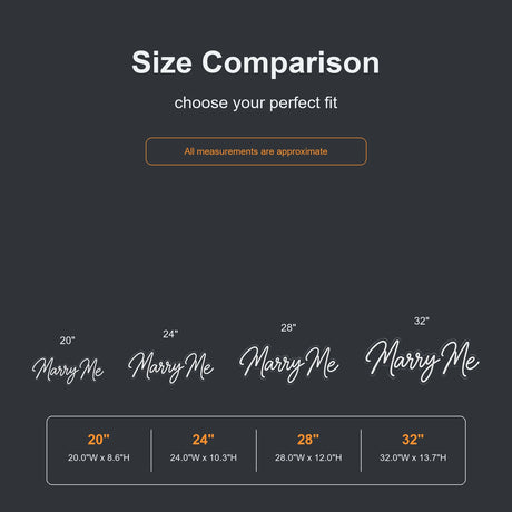 Marry Me neon sign size comparison from 20 to 32 inches