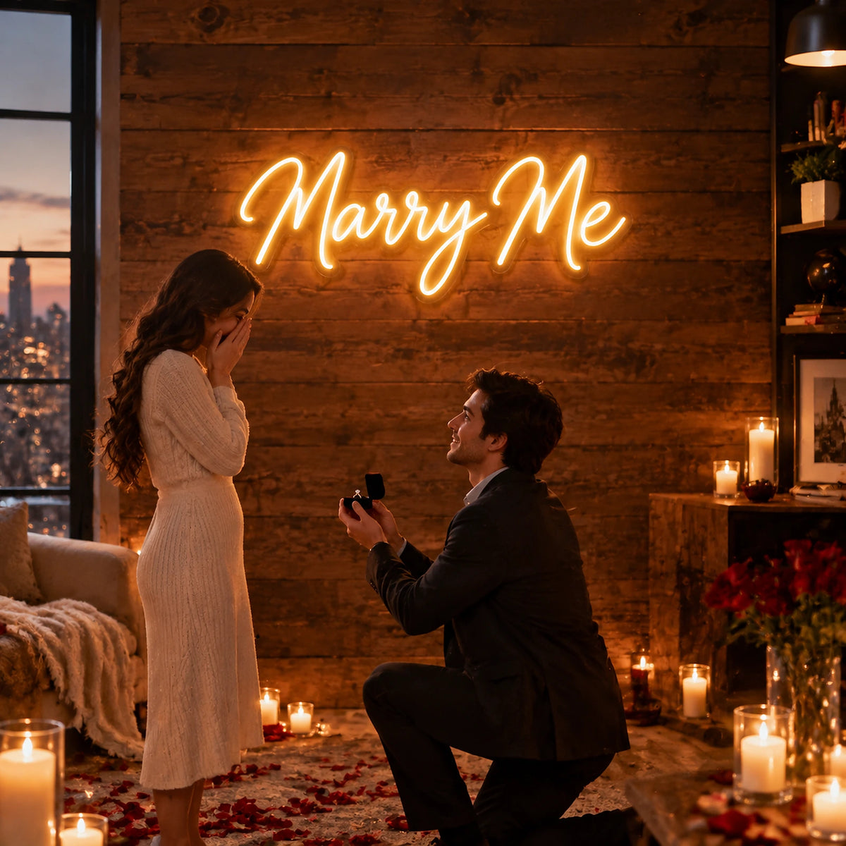 Marry Me proposal neon sign in a romantic wood wall setup