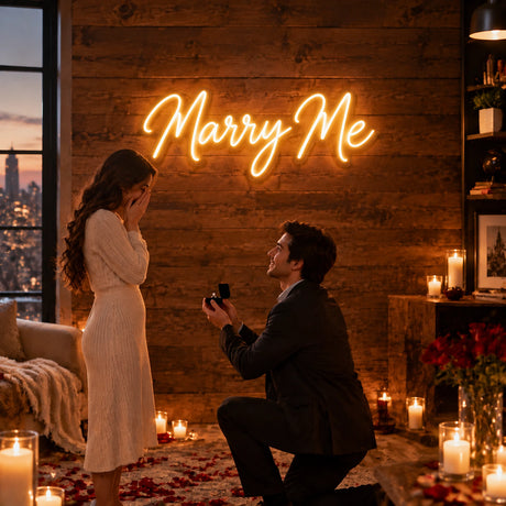 Marry Me proposal neon sign in a romantic wood wall setup