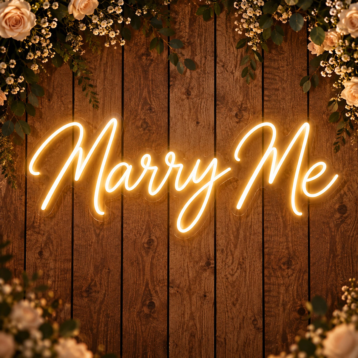 Marry Me neon sign on a wooden wall for a wedding proposal