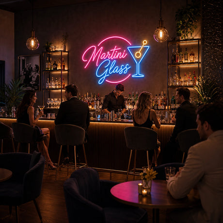 Martini Glass LED Neon Sign displayed in a cocktail bar setting