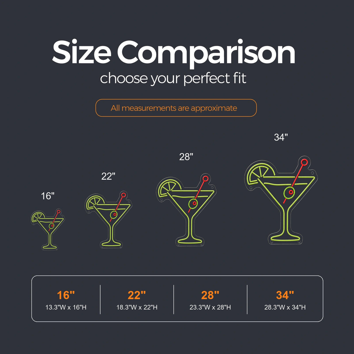 Cocktail Glass with Olive LED Neon Sign size guide for cocktail neon sign