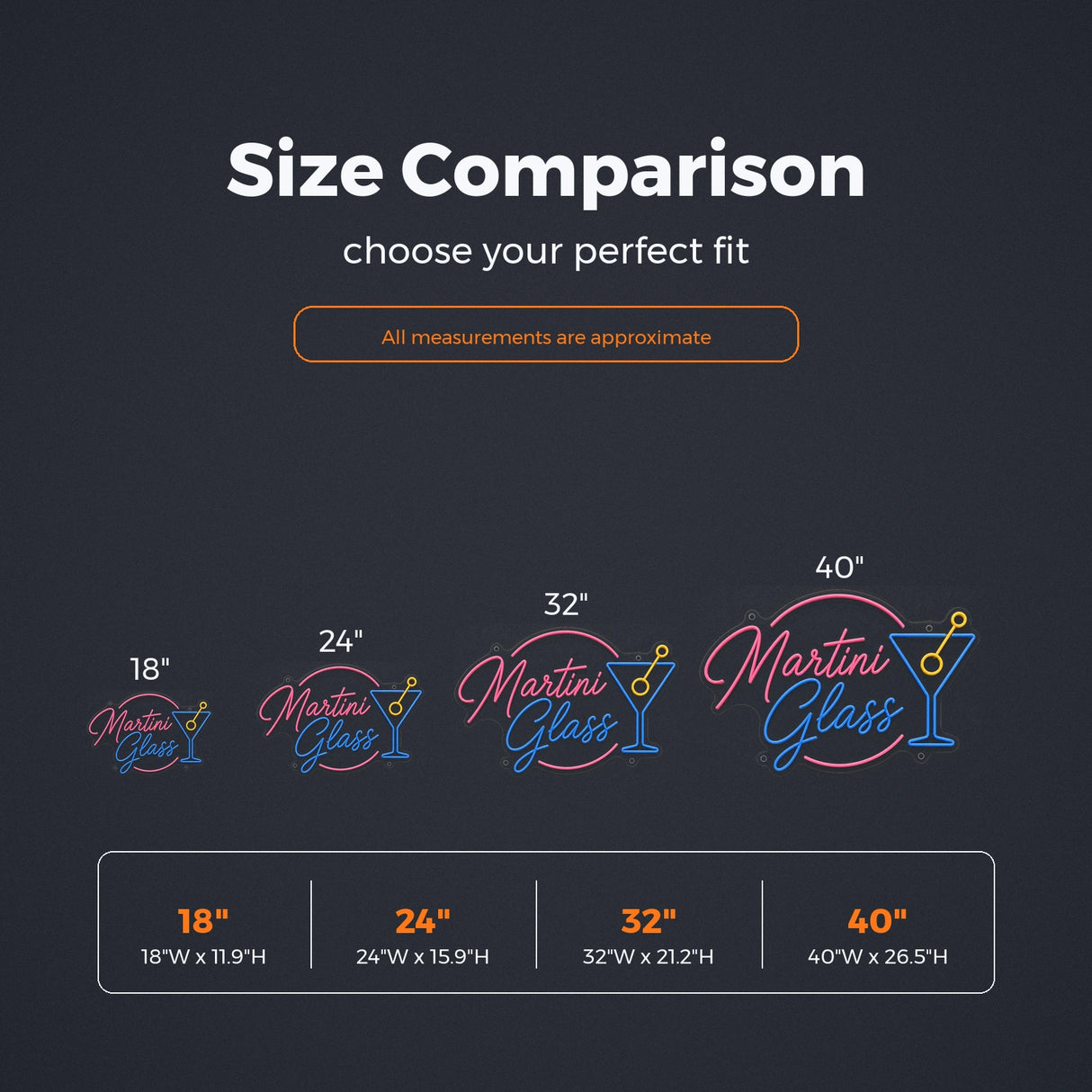 Martini Glass LED Neon Sign size guide for cocktail neon sign