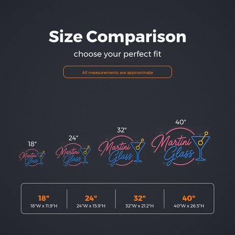 Martini Glass LED Neon Sign size guide for cocktail neon sign