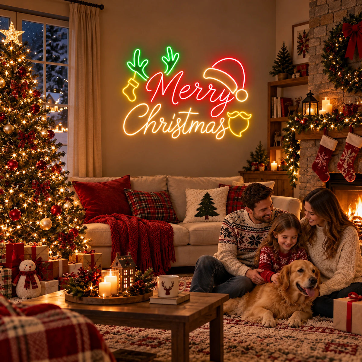 Merry Christmas antlers neon sign in a family living room