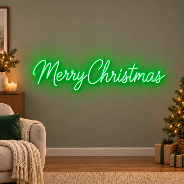 Green Merry Christmas script neon sign