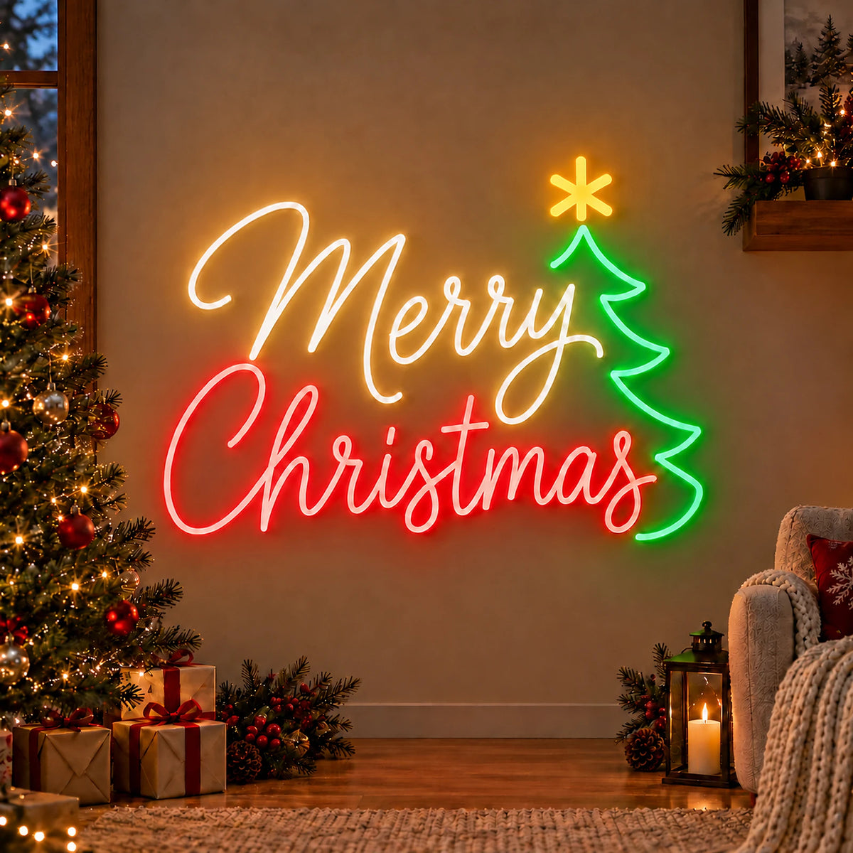 Merry Christmas neon sign with green Christmas tree