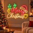 Merry Christmas neon sign with Santa hat and antlers