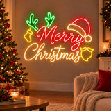 Merry Christmas neon sign with Santa hat and antlers