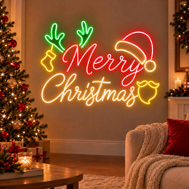 Merry Christmas neon sign with Santa hat and antlers