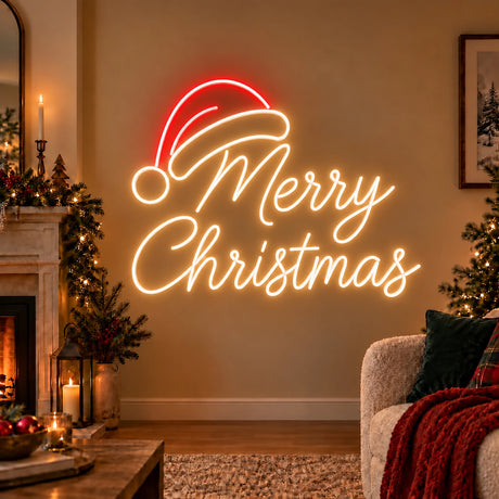 Warm white Merry Christmas neon sign with red Santa hat