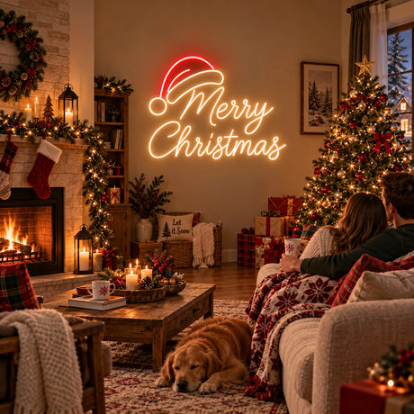 Merry Christmas Santa hat neon sign in a cozy living room