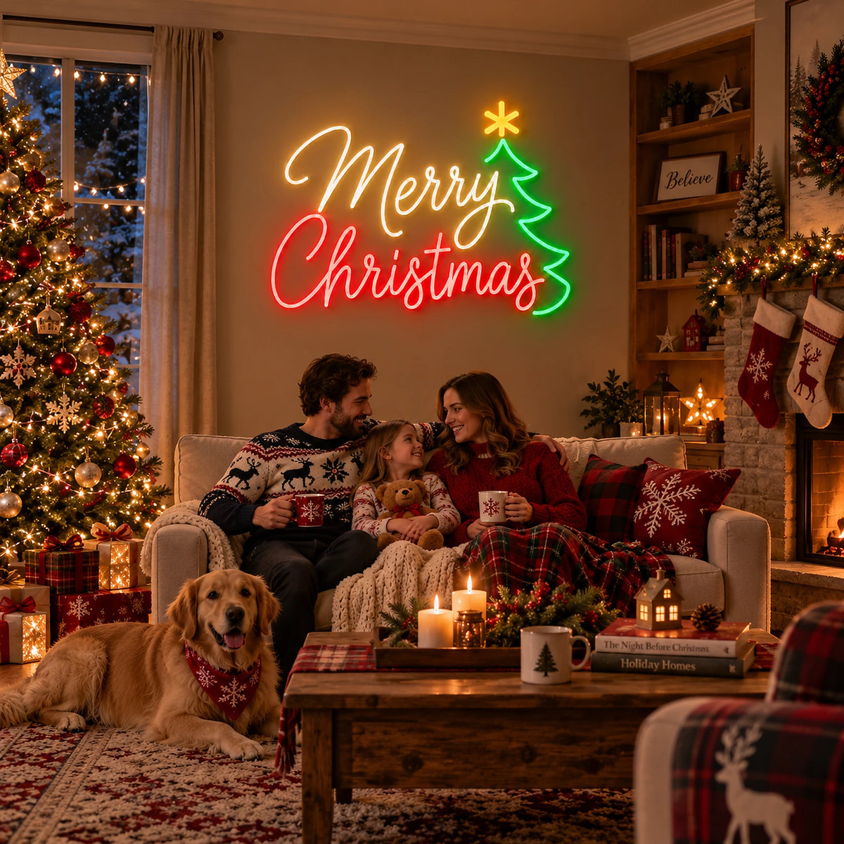 Merry Christmas tree neon sign in a family living room