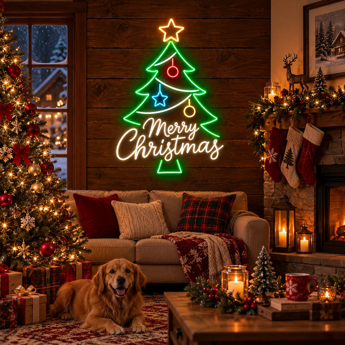 Merry Christmas tree neon sign in a living room