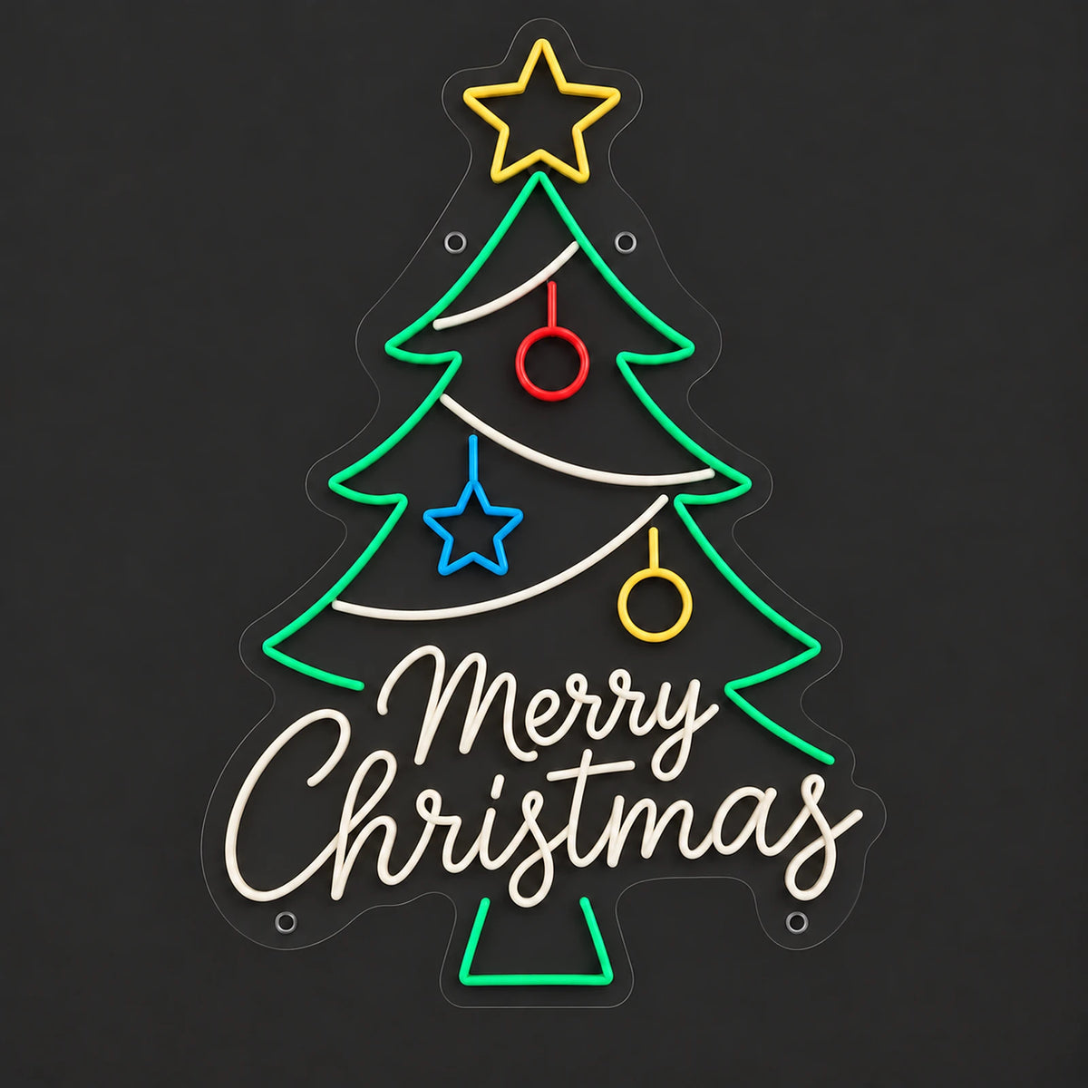 Merry Christmas tree neon sign with ornaments unlit