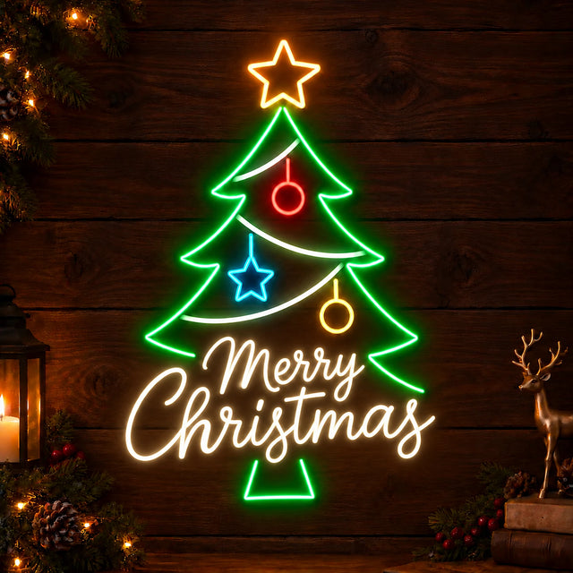 Lighted Merry Christmas tree neon sign