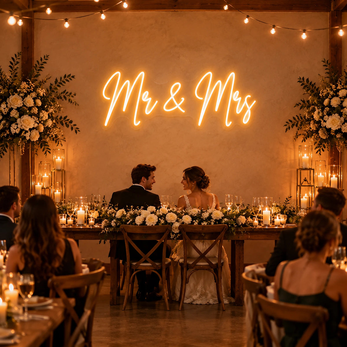 Mr & Mrs neon sign behind a wedding reception head table
