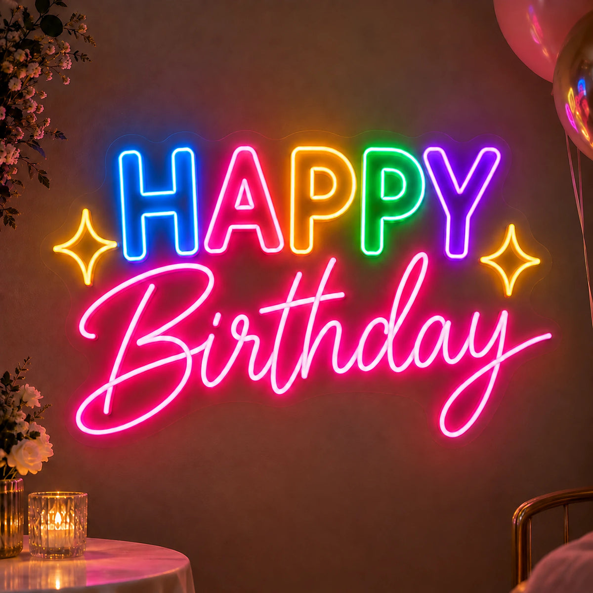 Multicolor Happy Birthday neon sign on a party wall