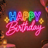 Multicolor Happy Birthday neon sign on a party wall
