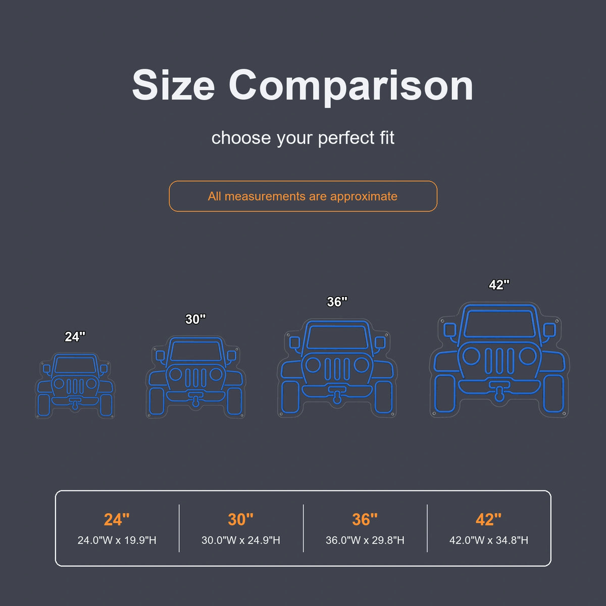 Off-Road 4x4 Man Cave Neon Sign size comparison chart, 24-42 in