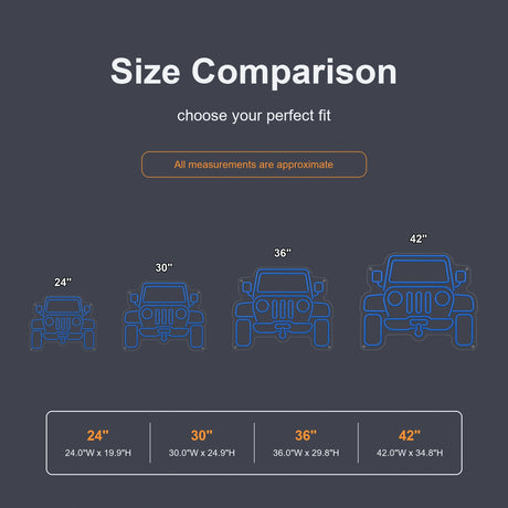 Off-Road 4x4 Man Cave Neon Sign size comparison chart, 24-42 in