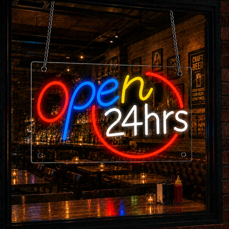Open 24 hours neon sign in red and blue with circle accent in a store window