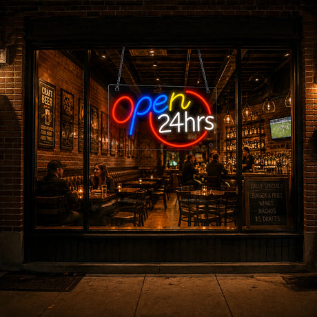 Classic red blue open 24 hours LED neon sign on a convenience store front