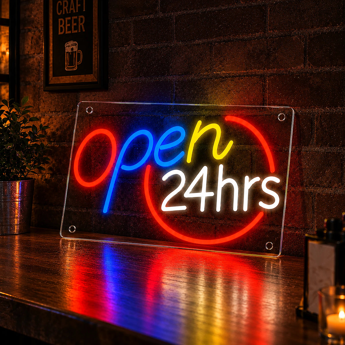 Classic Red Blue Open 24 Hours Neon Sign