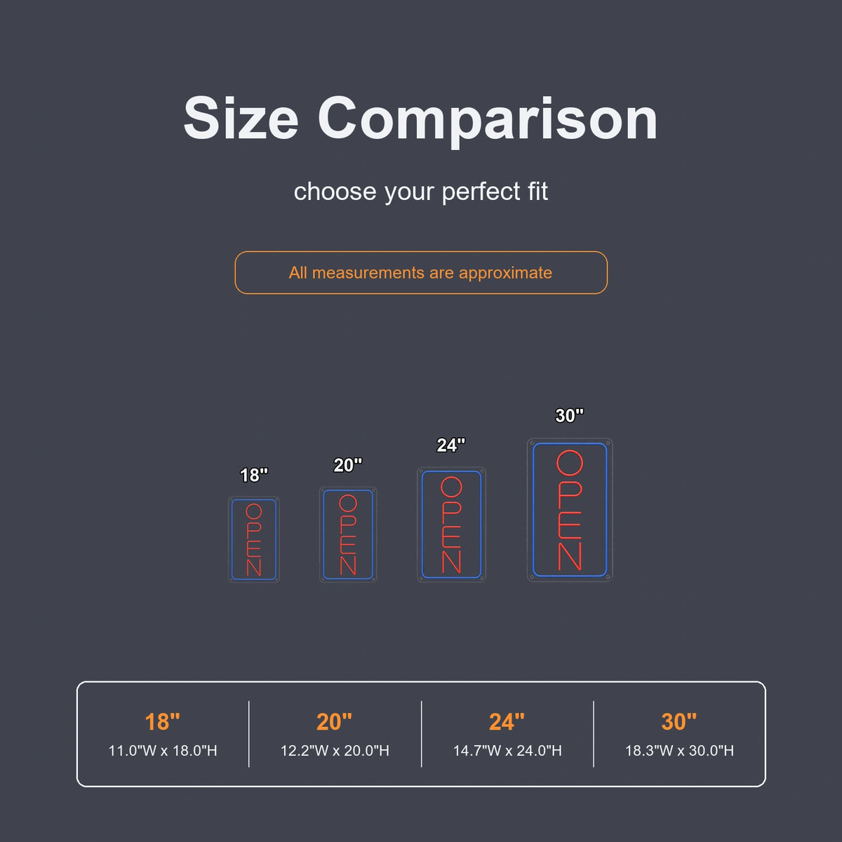 Vertical open LED neon sign size comparison from 18 to 30 inches
