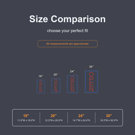Vertical open LED neon sign size comparison from 18 to 30 inches
