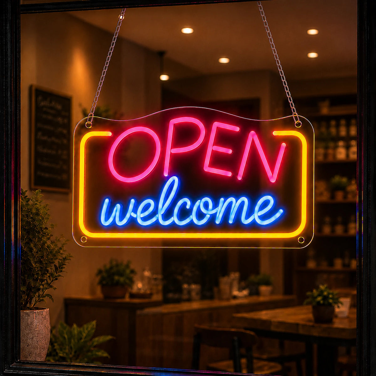Open welcome neon sign glowing in a cafe entrance window