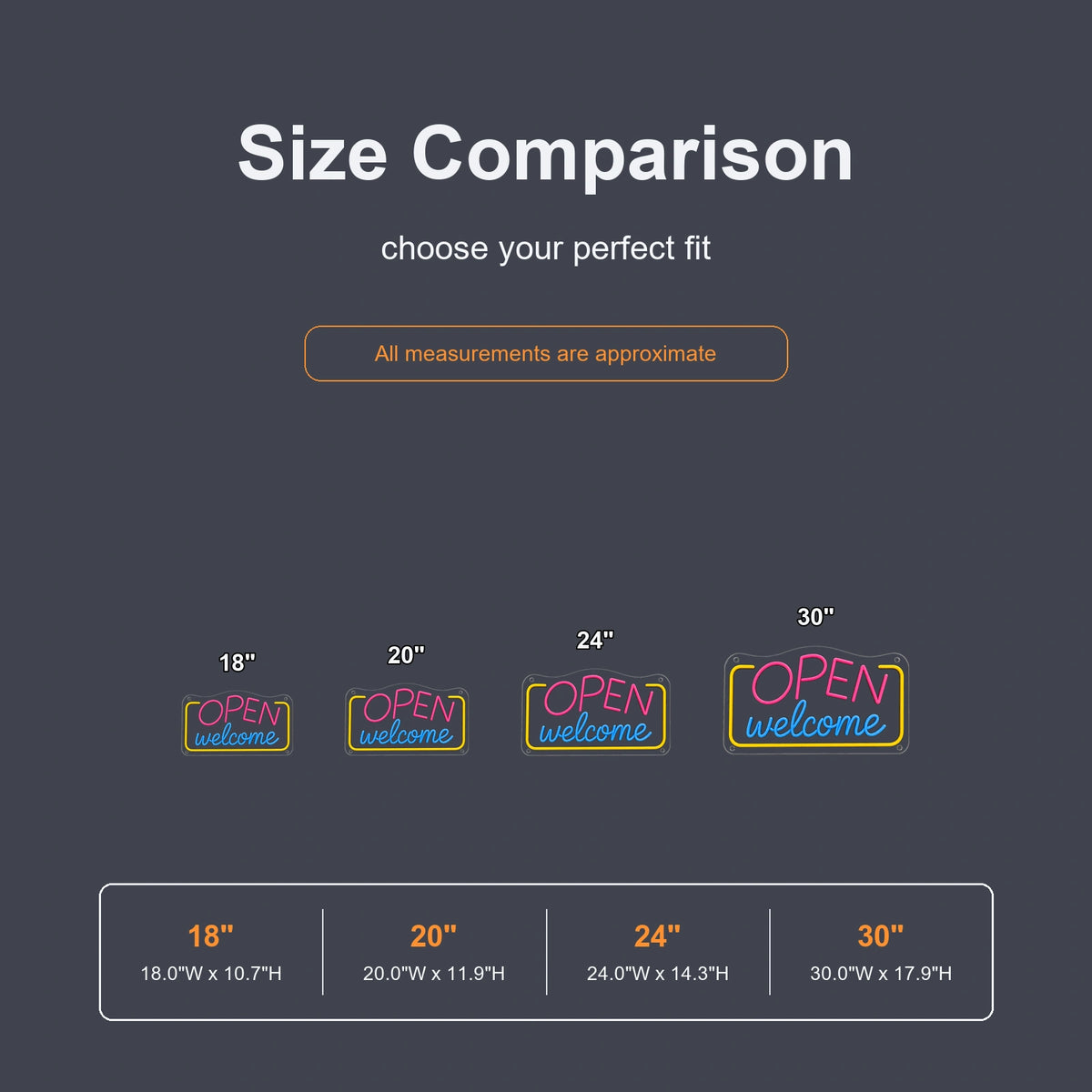 Open welcome neon sign size comparison from 18 to 30 inches