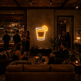 Whiskey Shot Glass LED Neon Sign displayed in a whiskey bar setting