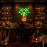 Tropical Palm Tree LED Neon Sign displayed in a tiki bar setting