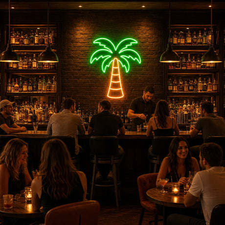 Tropical Palm Tree LED Neon Sign displayed in a tiki bar setting