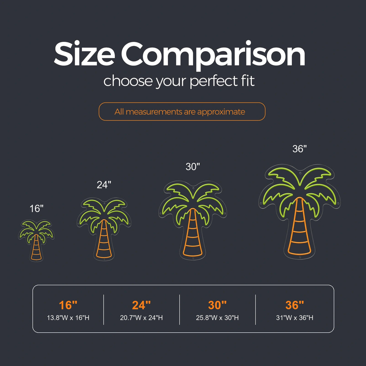 Tropical Palm Tree LED Neon Sign size guide for tiki bar neon sign
