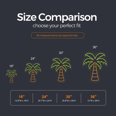Tropical Palm Tree LED Neon Sign size guide for tiki bar neon sign