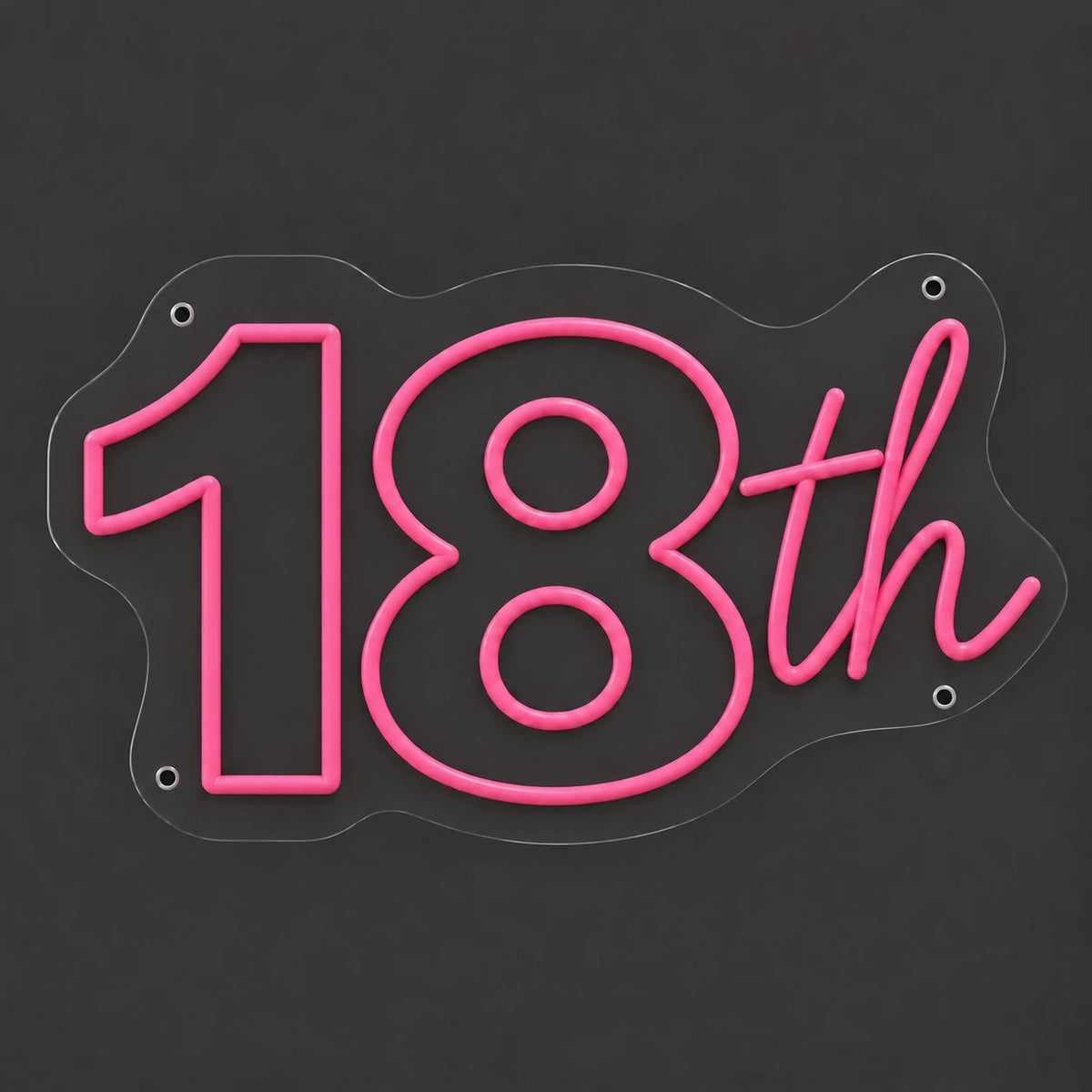 Pink 18th birthday neon sign lit on a dark gray background