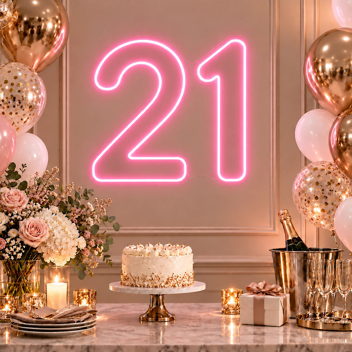 Pink 21st birthday number neon sign on a party table